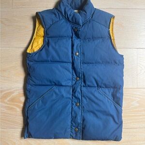 80’s Vintage Eddie Bauer Blue and Mustard Down Button Vest. Made in USA